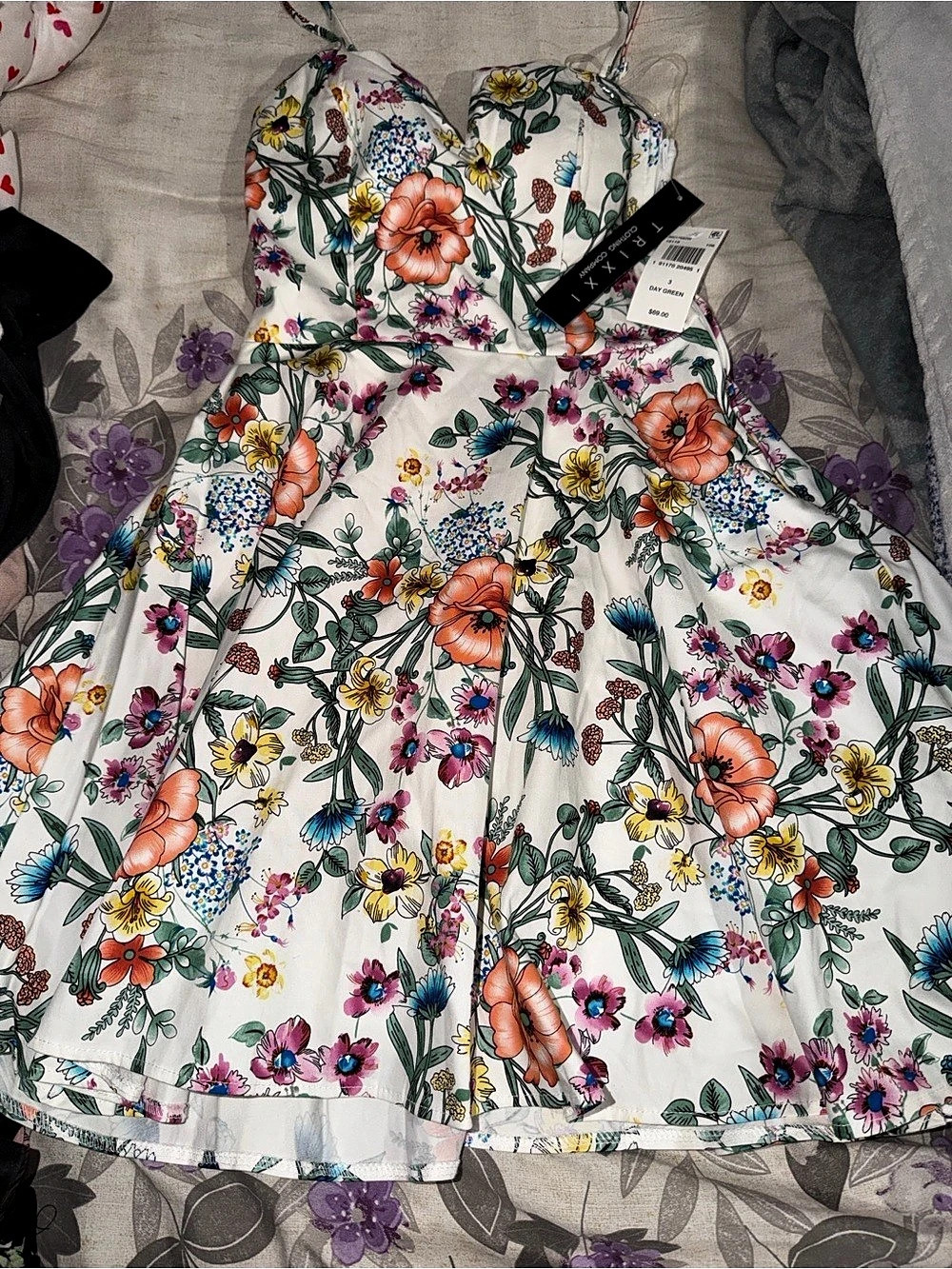 Trixxi Day Green Floral Mini Dress White & Orange Size 3 NWT
